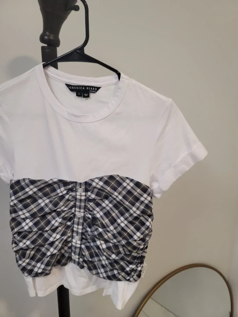 Veronica Beard Plaid Corset Tee XS White Ruched Bust Top - Picture 2 of 5
